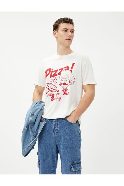 Koton Slogan Printed T-Shirt Pizza Themed Crew Neck Cotton