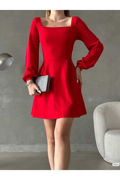 Trendusfashion Rochie de bază din țesătură creponată cu mânecă lungă cu guler pătrat