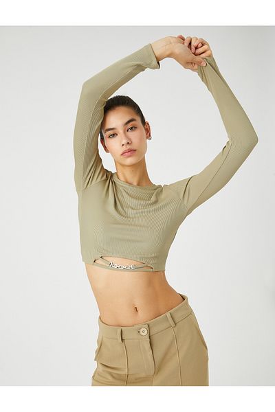 Koton Μακρυμάνικο T-Shirt Crop Crew λαιμόκοψη μεταλλικά αξεσουάρ