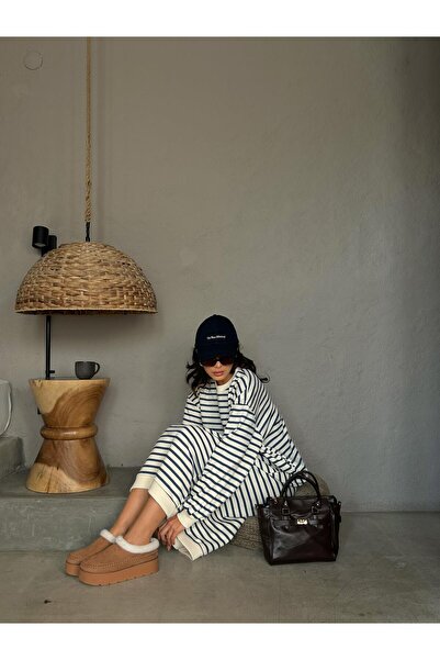 minaaise Γυναικείο φόρεμα με 3 κλωστές, μπλε ναυτικό ριγέ, μακρύ υπερμεγέθη φόρεμα 28288