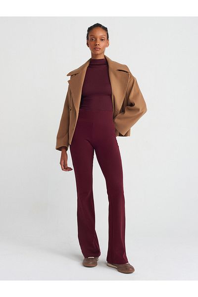 Dilvin 71054 Ribbed Spanish Leg Trousers-Burgundy