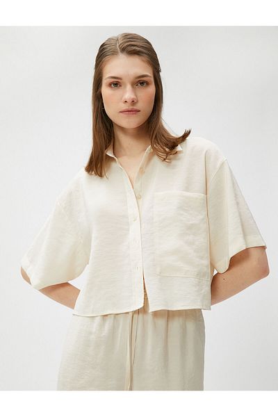 Koton Modal Blended - Cămașă crop oversize cu buzunare, mânecă scurtă