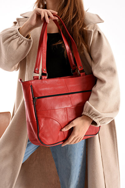 Erzeno Geantă de mână și de umăr pentru femei de mărime mare din piele naturală |   O geantă roșie din piele naturală de calitate