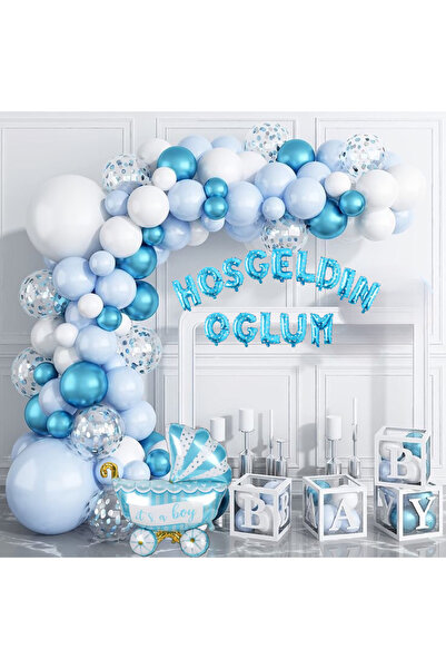 CUGY HOŞGELDİN OĞLUM BEYAZ&MAVİ RENK BALON DOĞUM GÜNÜ YENİ DOĞAN BALON PARTİ ...