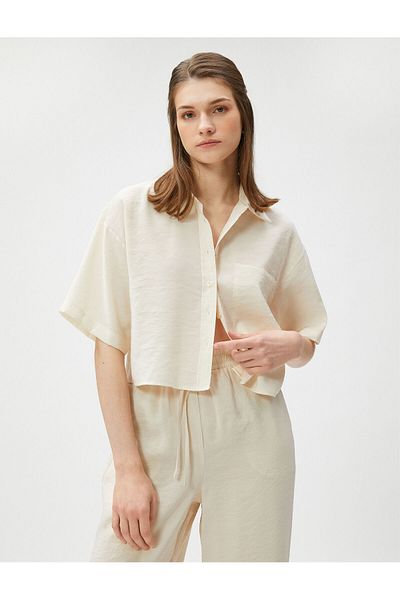 Koton Modal Blended - Cămașă crop oversize cu buzunare, mânecă scurtă