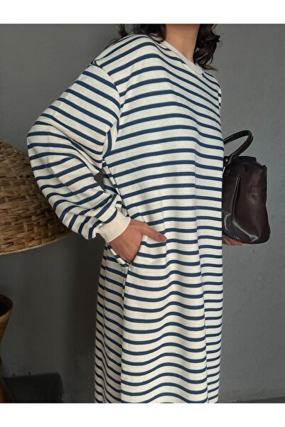 minaaise Γυναικείο φόρεμα με 3 κλωστές, μπλε ναυτικό ριγέ, μακρύ υπερμεγέθη φόρεμα 28288