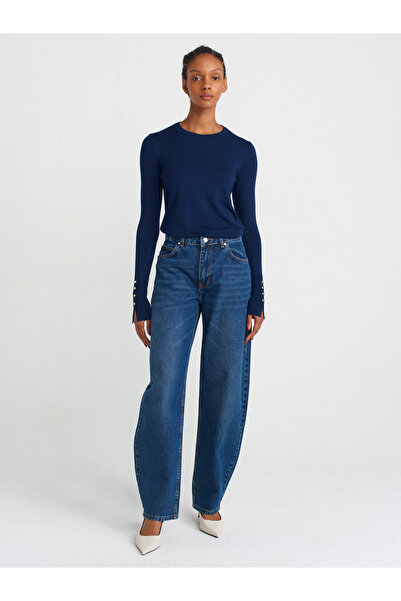 Dilvin 1267 Πουλόβερ με μανίκι με λαιμόκοψη στο κέντρο με σταγόνες-Μπλε ναυτικό