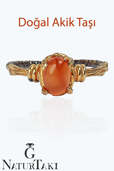 Naturtakı Doğal Kahverengi Akik Taşlı Altın Kaplama Gümüş Tasarım Kadın Yüzük...