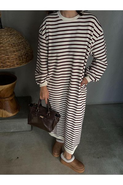 minaaise Rochie de damă bordeaux cu dungi cu 3 fire, lungă, supradimensionată, fără ridicare 28288