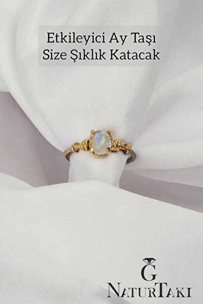 Naturtakı Doğal Ay Taşlı Altın Kaplama Gümüş Tasarım Kadın Yüzük Modeli Ölçüs...