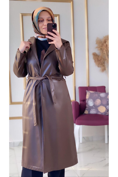 feray suda Kadın Spor Şık Kışlık Kemerli Kapişonlu Uzun Boy Deri Giyçık Kap