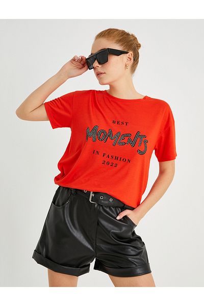 Koton Slogan Printed T-Shirt Short Sleeve Crew Neck
