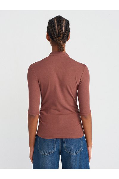 Dilvin 31470 Stand Collar Drawstring T-Shirt-Brown