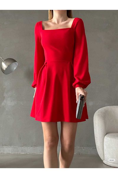 Trendusfashion Rochie de bază din țesătură creponată cu mânecă lungă cu guler pătrat