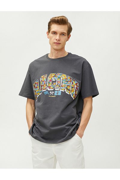 Koton Crew Neck Cotton Oversize T-Shirt - Racing Themed Printed