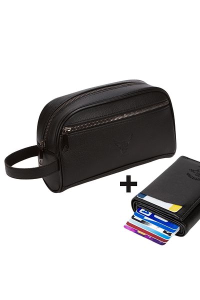 Linatigers Men's Leather Portfolio Travel Shaved Black Hand Bag And Aluminum Mechanism Card Holder