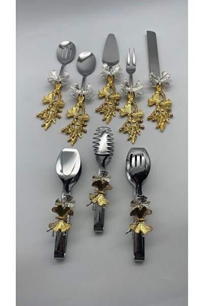 Fiyakalı Ürünler Atölyesi Silver Serving Set with 8 Butterfly Handles and Butterfly Tongs Set 18/10 Stainless Steel