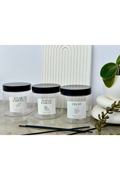 IMKER HOME Şeffaf Plastik Kulak Pamuğu Makyaj Pamuğu Diş İpi Etiketli Kavanoz...