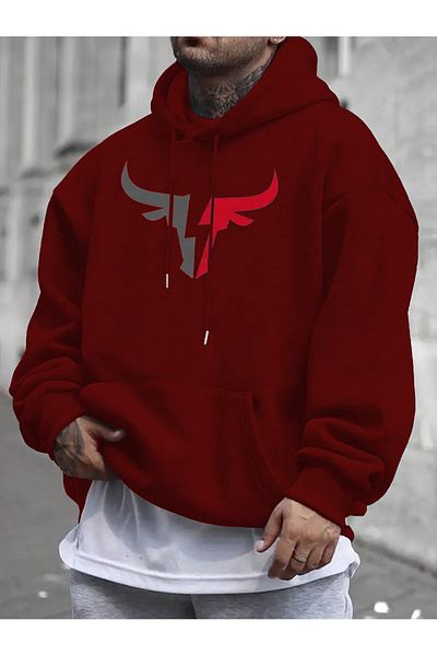 Elfa Tekstil Unisex Oversize Hooded Sweatshirt - Bull Printed