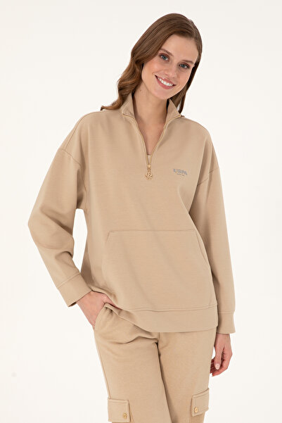 U.S. Polo Assn. Kadın Kum Dik Yaka Fermuarlı Sweatshirt 50297316-VR085