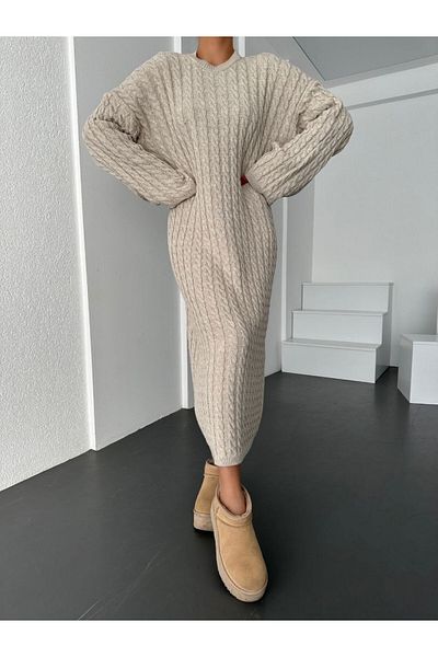 Modamorfo Πλεκτό φόρεμα με πλεξούδα μαλλιών σε χρώμα πέτρας