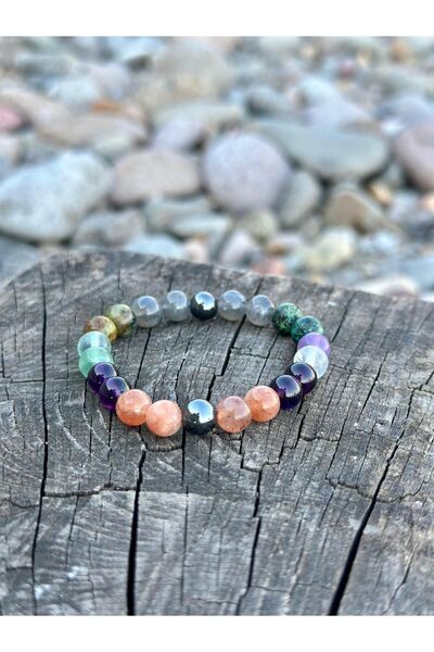 Zodyak Doğal Taş 8mm Pisces Natural Stone Bracelet, Labradorite-Sunstone-Amet...