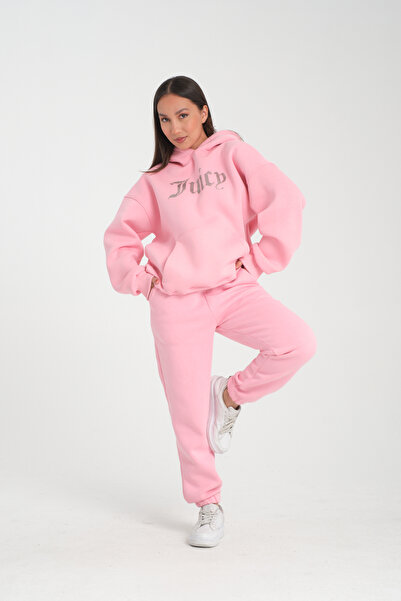 3 ROPE Juicy Rhinestone Stone nyomott mintás, nagyméretű kapucnis pulóver, belül polár bélésű, 3 szálas pamut, uniszex, rózsaszín