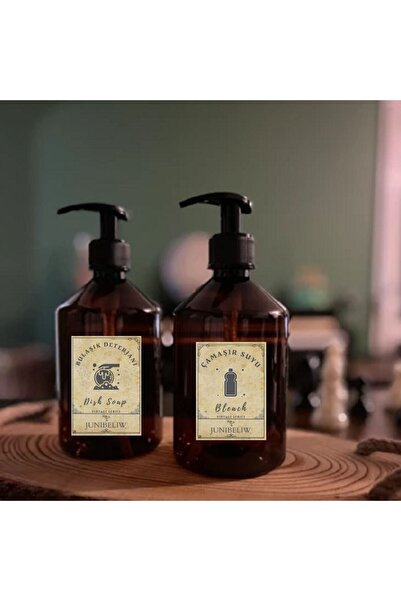 junibeliw 2li Set Vintage Boş Amber Mika Plastik Şişe Bulaşık Deterjanlık Çam...