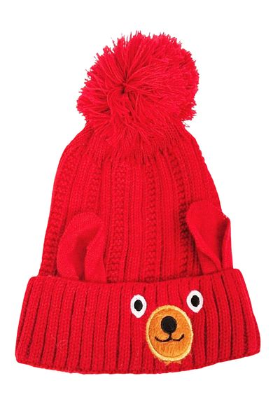 NEZADE STORE Red Children's Beanie - Wool and Figured Pompom