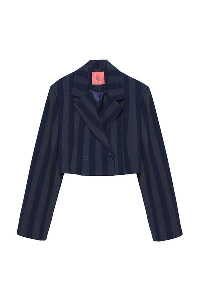 Quzu Γυναικείο Crop Blazer Jacket με κουμπιά ριγέ γκρι Navy Blue