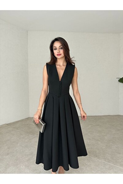 Rabia Çelik Kadın Siyah Önü Düğmeli V Yaka Eteği Volanlı Midi Elbise