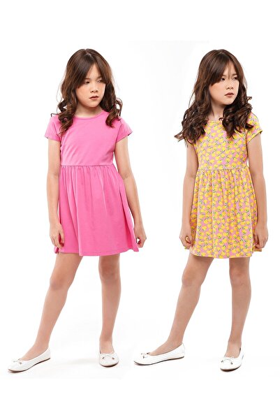 Primo Gino فستان مطبوع بأكمام نصفية - عبوة من قطعتين - فوشيا أصفر