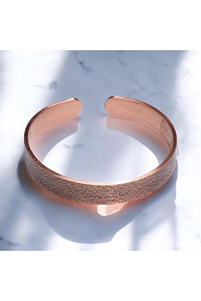 Sırlı Sepet Dışı Doku Desenli İçi Dua İşlemeli Bakır Bilezik