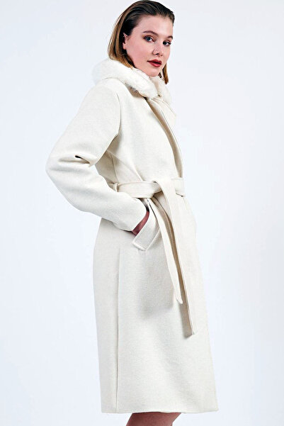 Vivika Astarlı Uzun Diz Altı Midi Boy Ceket Yakası Kürklü Çift Cepli Bağlanab...