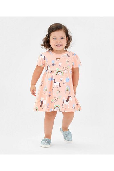 Bonfino Bonfino 100% Cotton Knit Half   Sleeves Frock With Bloomer Unicorn Print- Peach