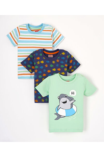Babyhug تي شيرت قطني بأكمام قصيرة بطبعة سمكة وخطوط، عبوة من 3 قطع - أزرق وأخضر