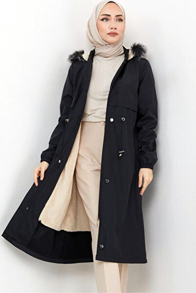 Genel Markalar Beli Lastikli Çift Cep Kürklü Kapüşonlu Peluş Astarlı Uzun Kol...