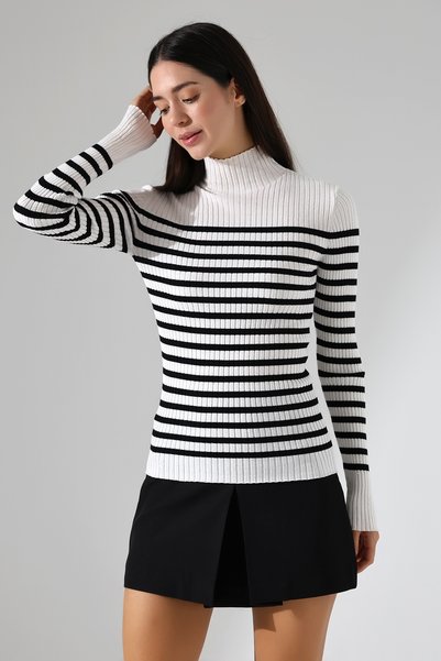 Lavinza Half Turtleneck Striped Knitwear Sweater – Long & Fitted, 100% Viscose, Ecru-Black