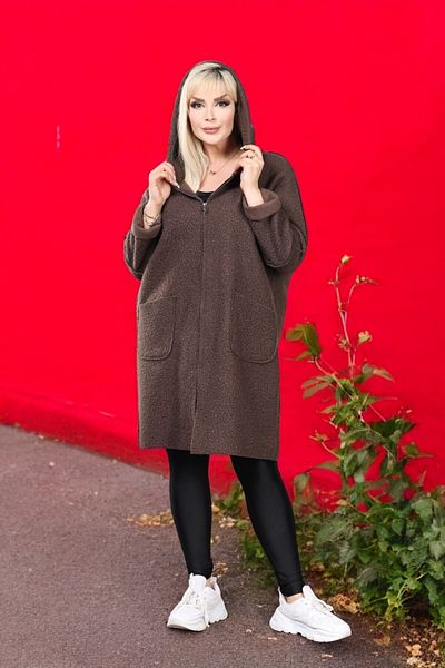 MODASTRO Plus Size Brown Hooded Seasonal Boucle Coat