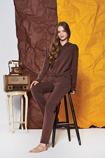 Feyza Kadın Fermuarlı Kapşonlu Belden Bağlamalı Pijama Takımı