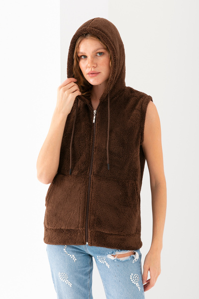 EtkiModa Women's Brown Hooded Sleeveless Plush Vest