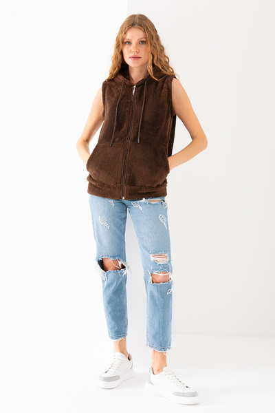 EtkiModa Women's Brown Hooded Sleeveless Plush Vest