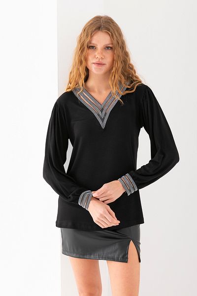 EtkiModa Women's Black Long Sleeve Viscous Blouse with Stone Stripe Collar and Sleeves