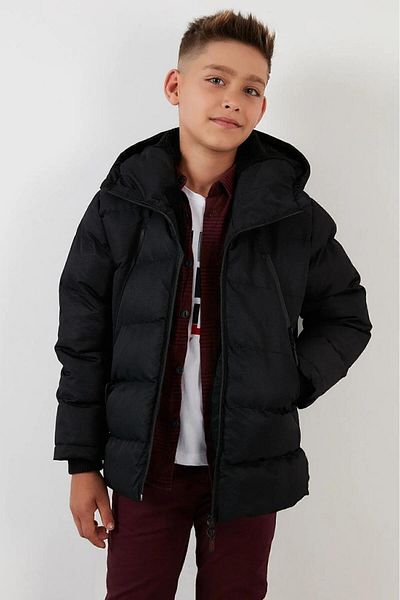 FREE ARSLAN COLLECTİON Black Boy's Coat Furry Plush Lined Fixed Hooded Black Children's Coat