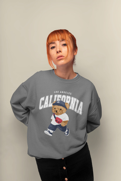 SUNFREE КАЛІФОРНІЯ TEDDY BASKILI PAMUKLU ОVERSIZE GRİ СВІТШОТ