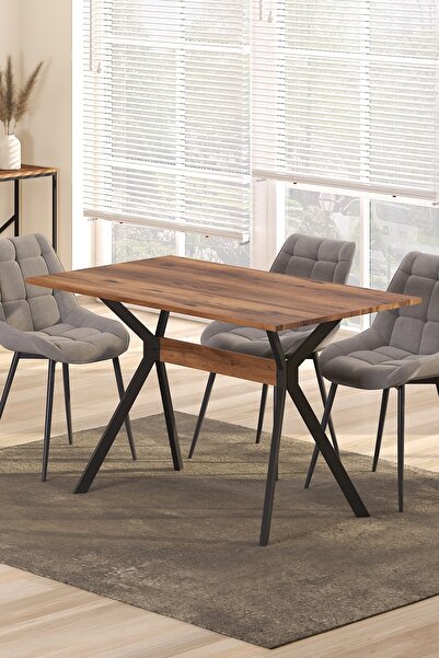 TOLIAHOME Ventora Yemek Masası Ceviz Renk Metal Ayaklı Mutfak Masası Yemek Ma...