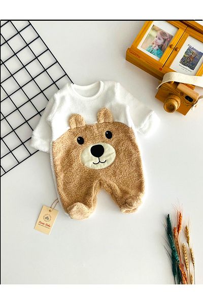 DERİNBEBE Cheerful Babies Teddy Bear Embossed Pattern Self Booties Welsoft Fabric Jumpsuit Coffee