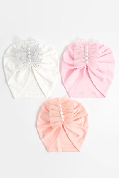 LOGO AKSESUAR Kız Bebek İncili Tül Somon-Pembe-Ekru 3'lü Pamuklu Bone