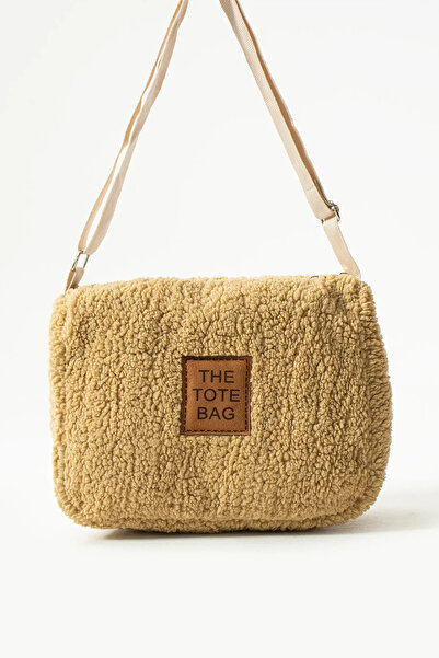 MUCCE حقيبة يد نسائية يومية من الفرو القطيفة باللون البيج