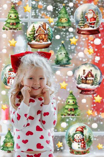 Fairytale Snow Globes And Cute Trees Christmas New Year Glass Door Wall Sticker Set